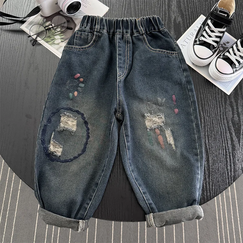 CNUM Boys' Washed Jeans Autumn New Arrival Kids' Cool Animal Ripped Pants Baby Fashionable Loose Trousers