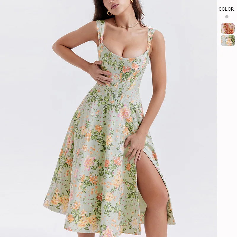 

Women Temperament Slim Split Floral Halter Dress Summer