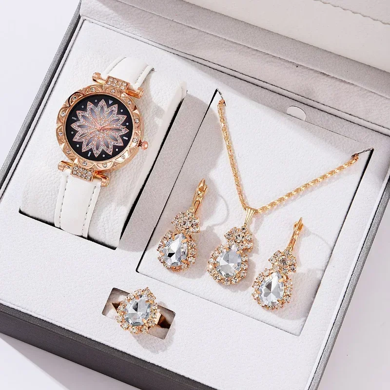 5PCS Set Rose Gold Luxury Watch Women Ring Necklace Earring Rhinestone Fashion Wristwatch Casual Ladies Bracelet( No Box)