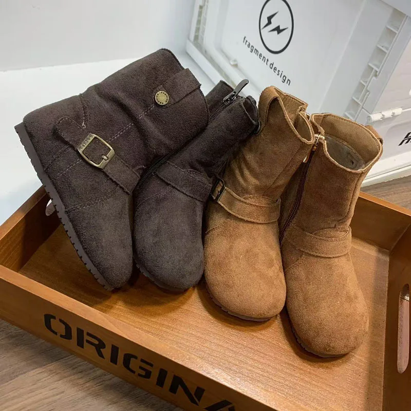 

2025 зимние однотонные детские хлопковые сапоги с откидным мехом, детские сапоги средней высоты, теплые и удобные сапоги принцессы для девочек