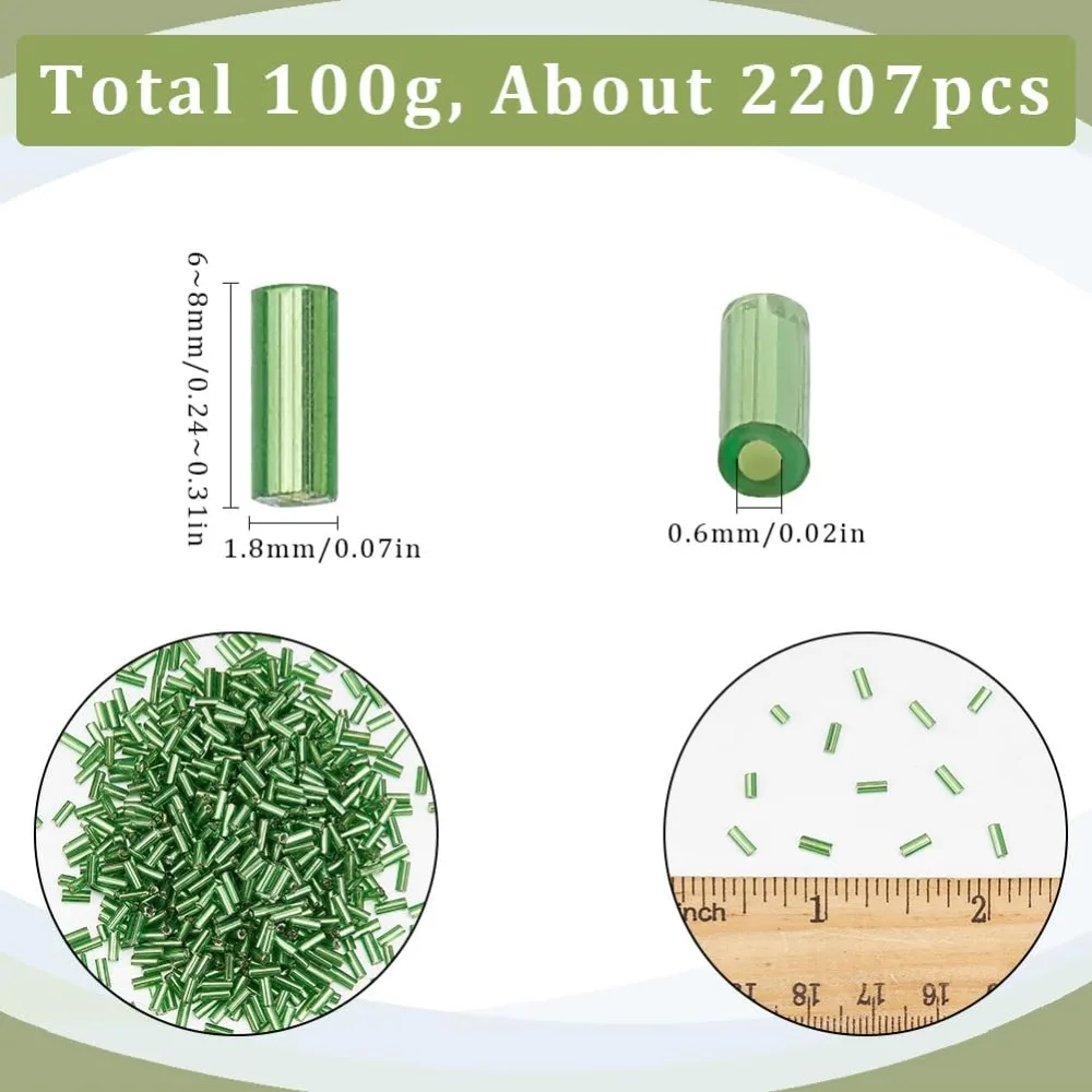 100g Green Glass Bugle Beads Bulk Tube Seed Bead Small Opaque Round Long Tubes Loose Spacer Craft Beads for Bracelet making kit