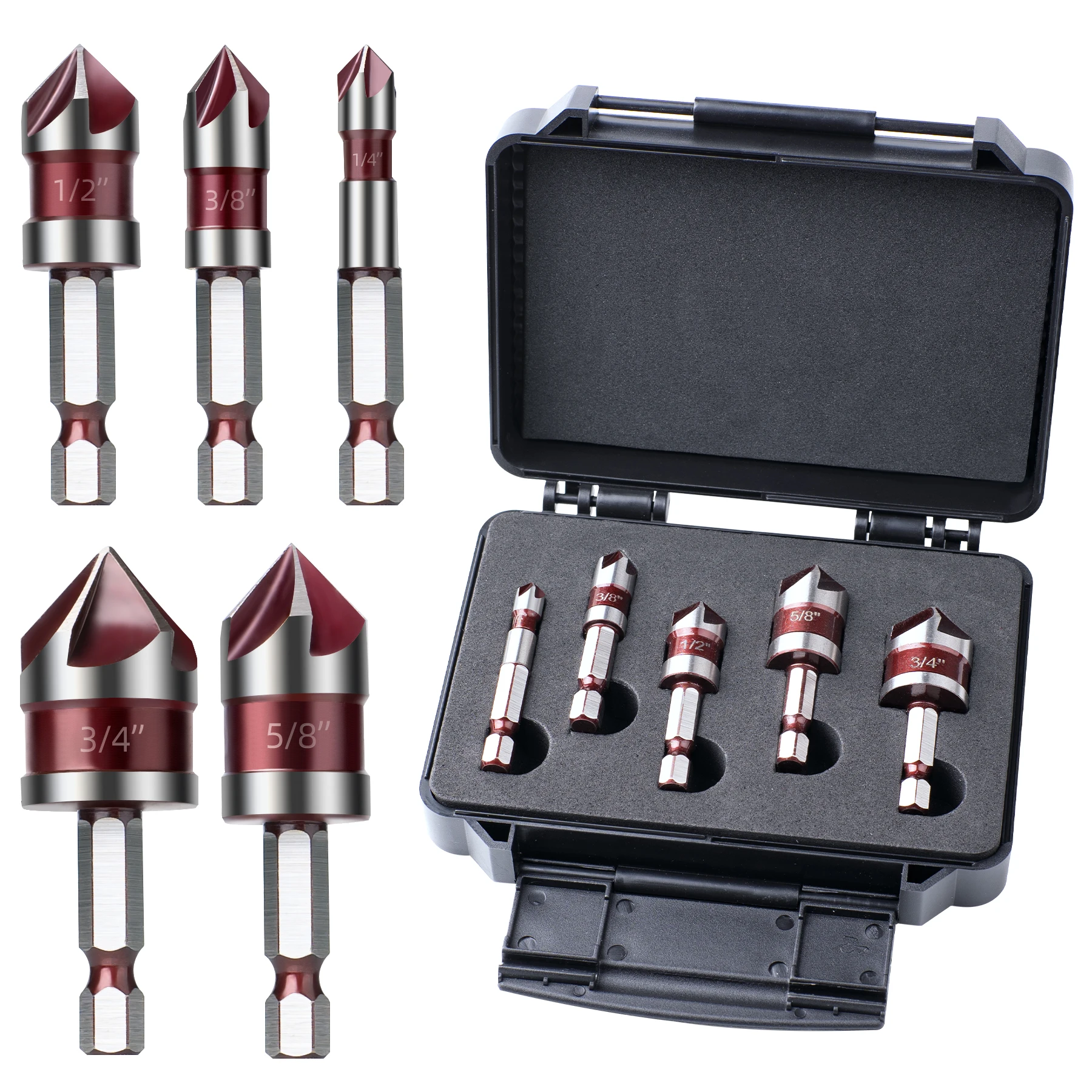 

5 Pcs Countersink Drill Bit Set 1/4" Hex Shank M35 Cobalt 82° 5 Flute Countersunk Bit Set 1/4” 3/8” 1/2” 5/8 3/4”For Wood Metal