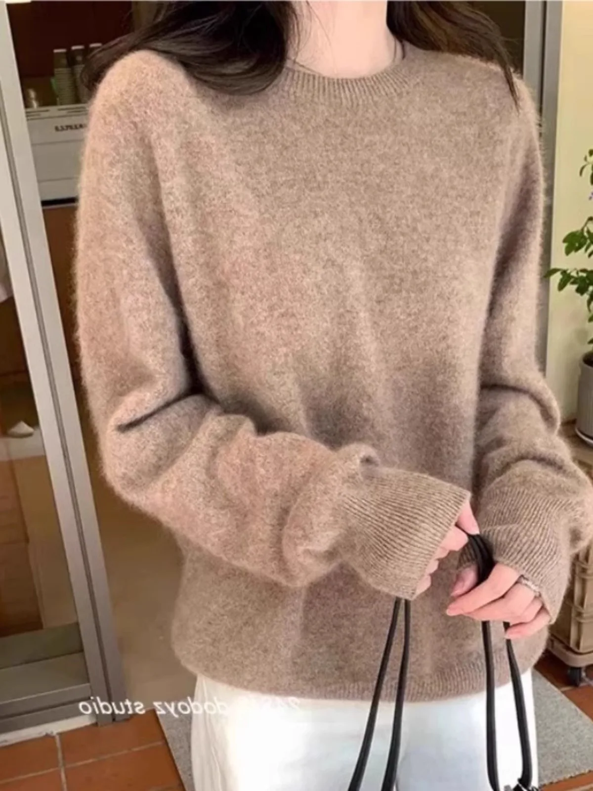 

European American style round neck 100 pure cashmere sweater women's spring and autumn loose pullover long-sleeved wool sweater