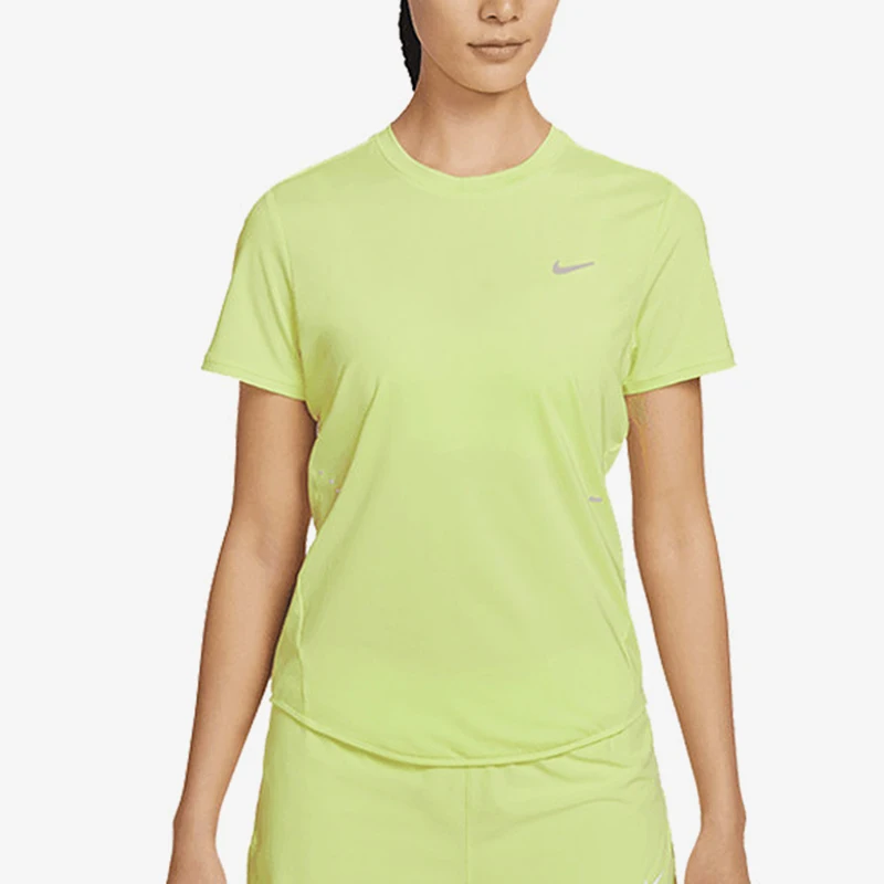 Nike Original neues Damen-T-Shirt mit kurzen Ärmeln in fluoreszierendem Gelb und Hellgrün für Lauftraining, HM9699-736