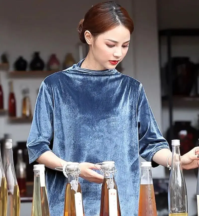 Kemeja Beludru Setengah Turtleneck Vintage Musim Semi & Musim Gugur Kasual Fashion T-shirt Velour Setengah Lengan Slim Ropa Mujer ukuran plus