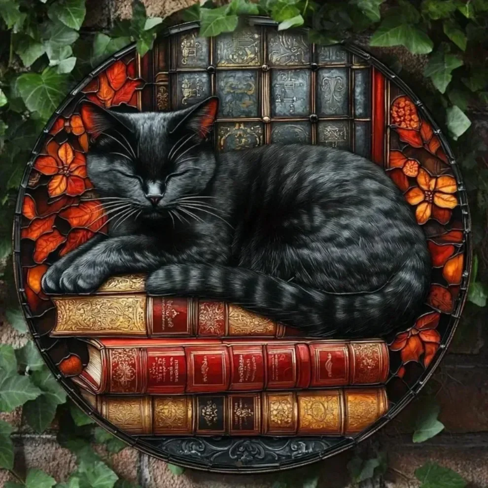 علامة إكليل القطة السوداء الغامضة جولة الألومنيوم جدار ديكور احباط النقش المنزل