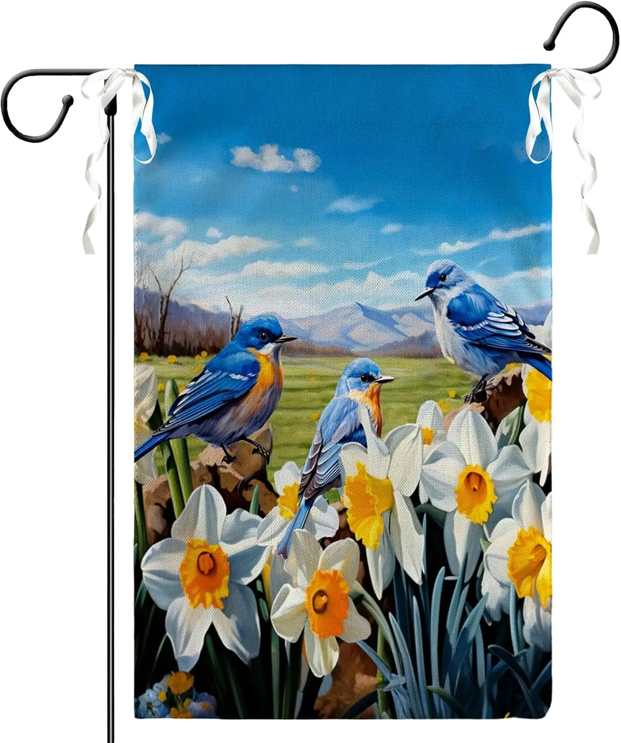 Summer Bluebirds Garden Flags Spring Daffodil Flowers Yard Flag Yellow Floral Bird House Banner Blue Sky Polyester Double Si llz
