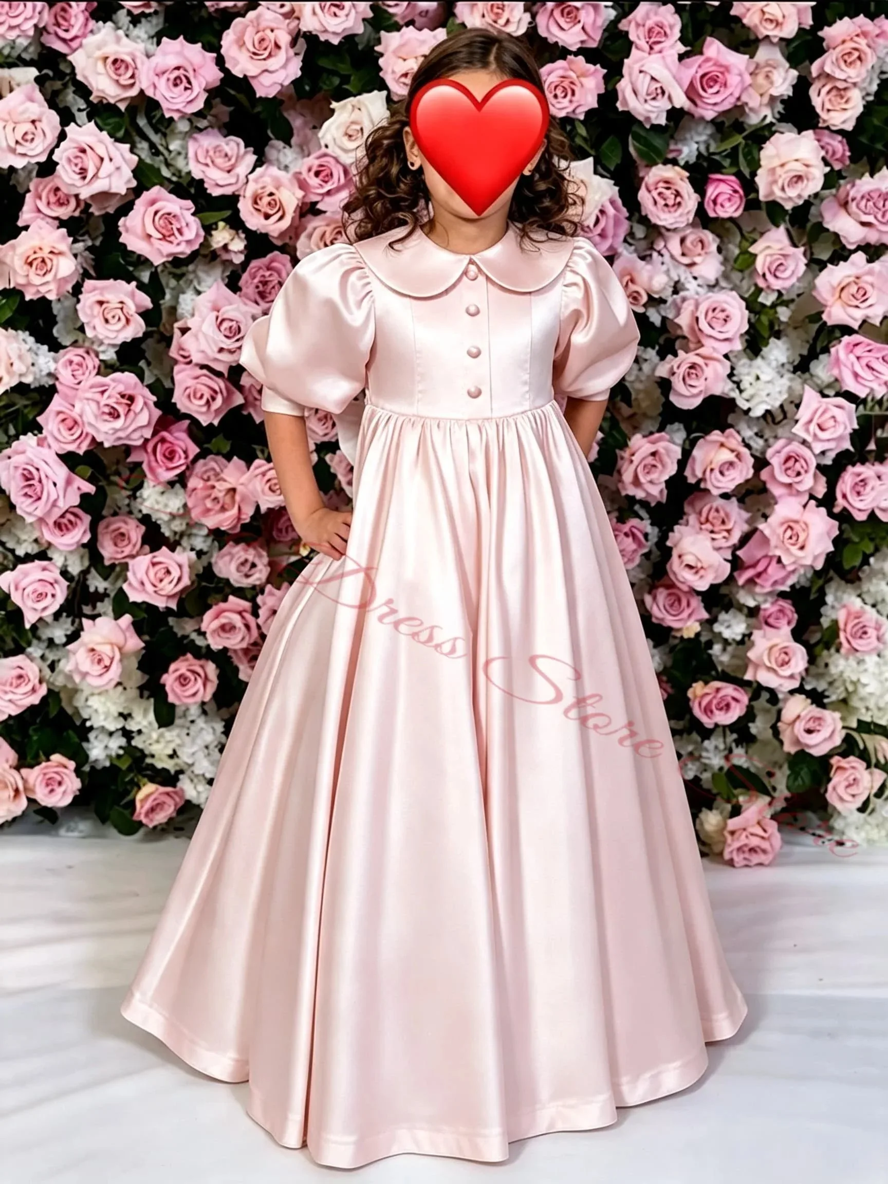 Blumenmädchenkleid Grün Erstkommunionkleid für Mädchen mit Stehkragen und Ballonärmeln für Hochzeit Großhandel Maßgeschneidertes Partykleid – Detail 4