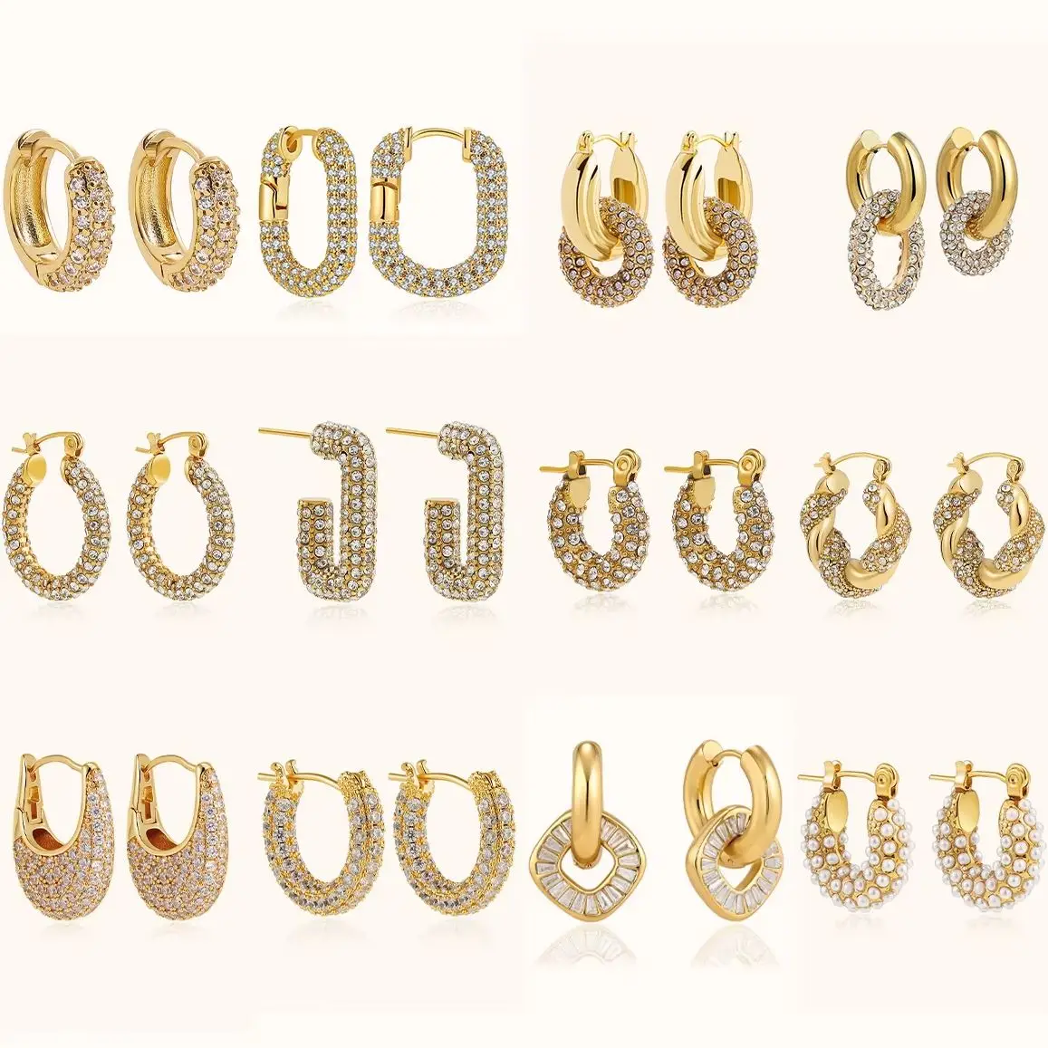 Stainless Steel CZ Zircon Geometric Round Hoop Earrings for Women 18K Gold Plated U Shape Huggies Ear Buckle Stackable Jewelry