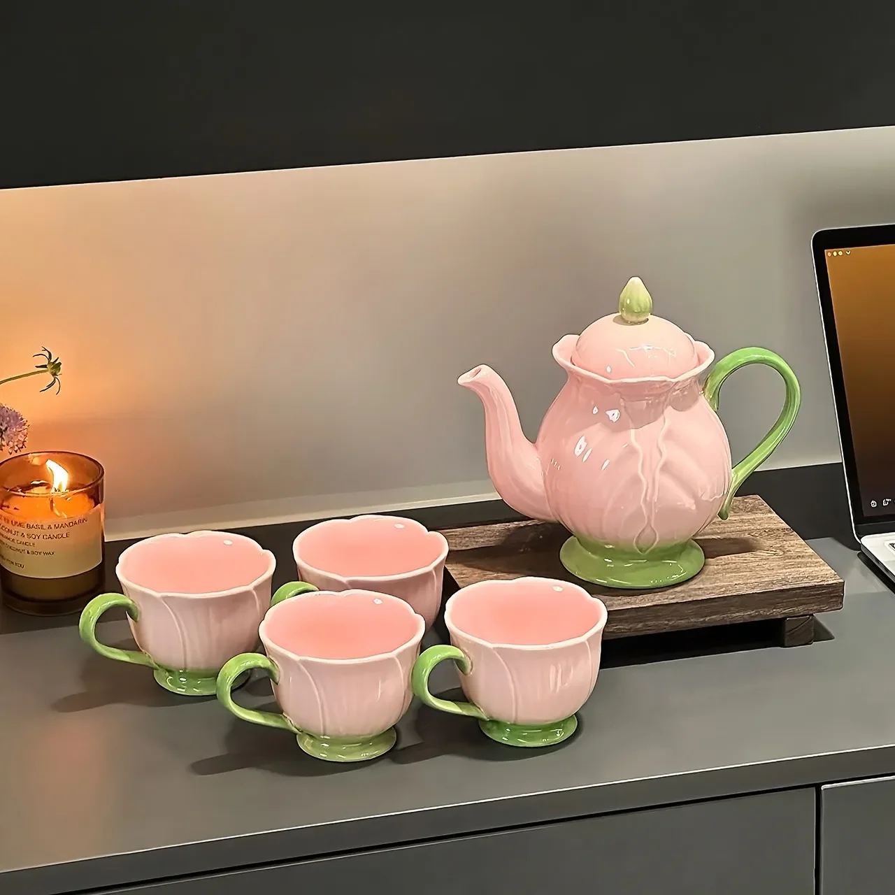 Tulip Tea Set Ceramic Teapot Flower Tea Cup Coffee Mug Tableware Milk Mug Teacup  Cups Teapot English British Teaware Set