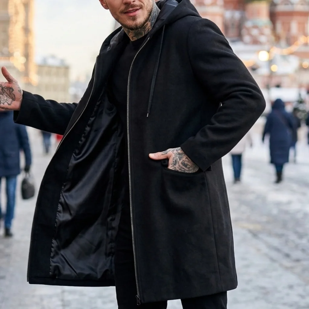 New Autumn-Winter Men's Hooded Overcoat Long Warm, Windproof Design Outdoor-Ready & Business Casual Perfect Fit Streetwear Style
