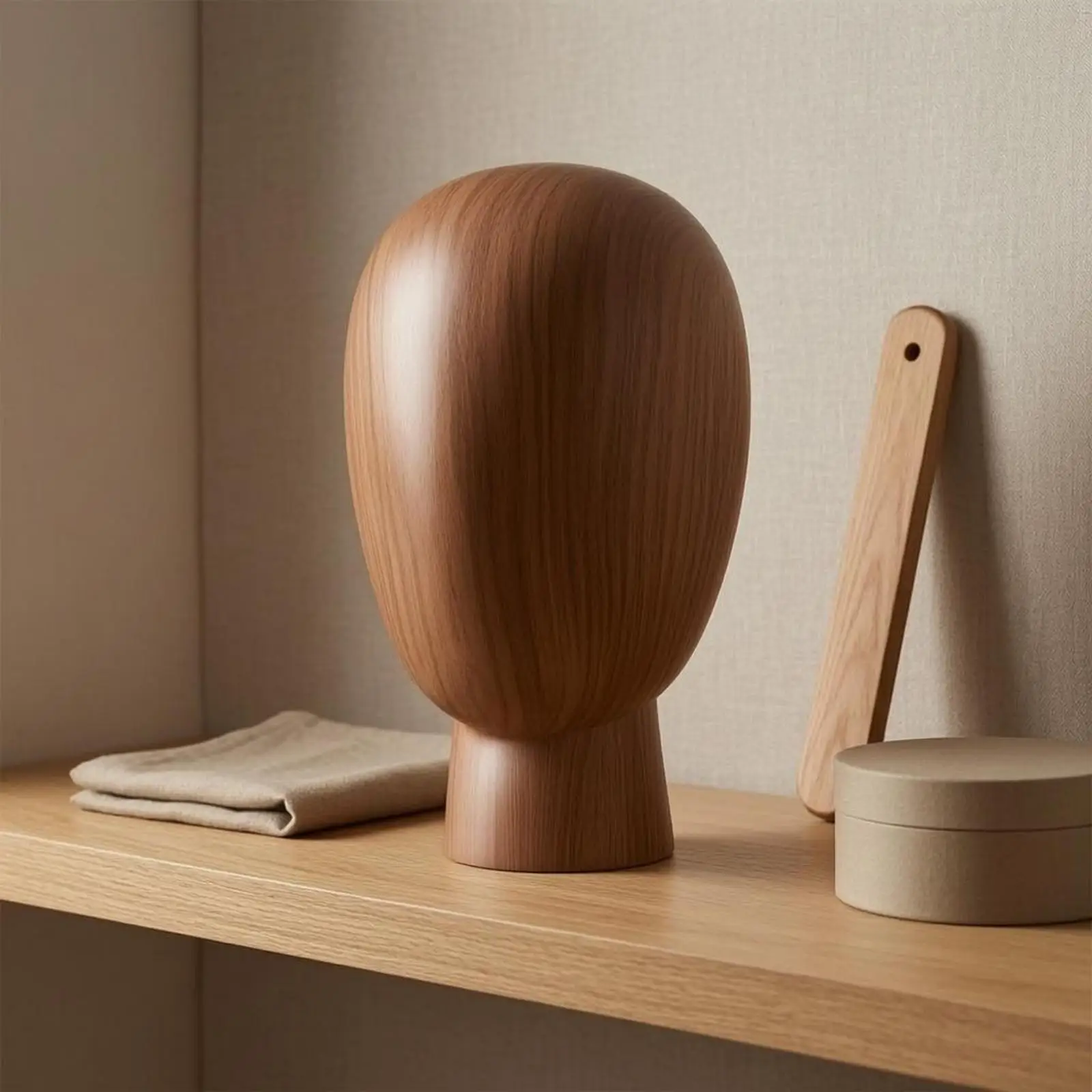 Display Mannequin Head with Wood Finish Fiberglass Construction for Salon Wig and Cap Organization