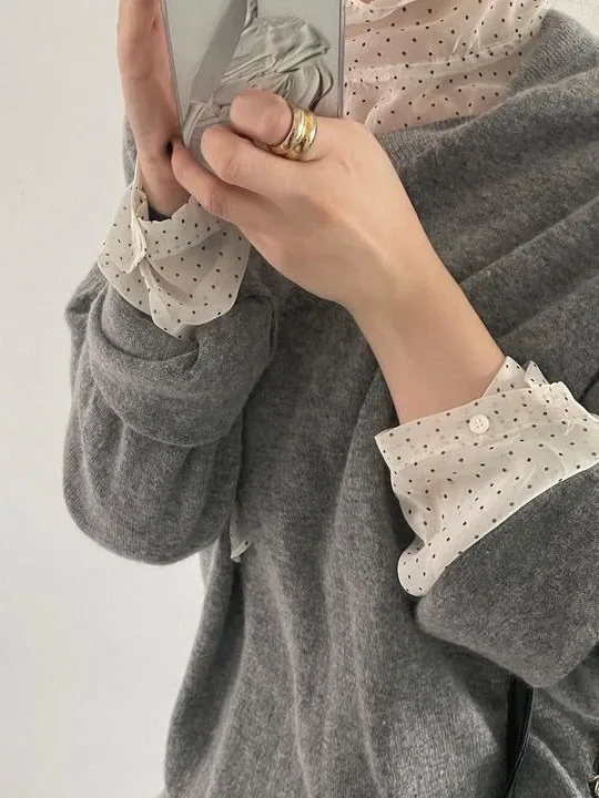 قميص أنيق ربيعي لطيف بياقة واقفة وتصميم كتلة الألوان فضفاض بأكمام طويلة قميص علوي بنمط منقط موضة نسائية