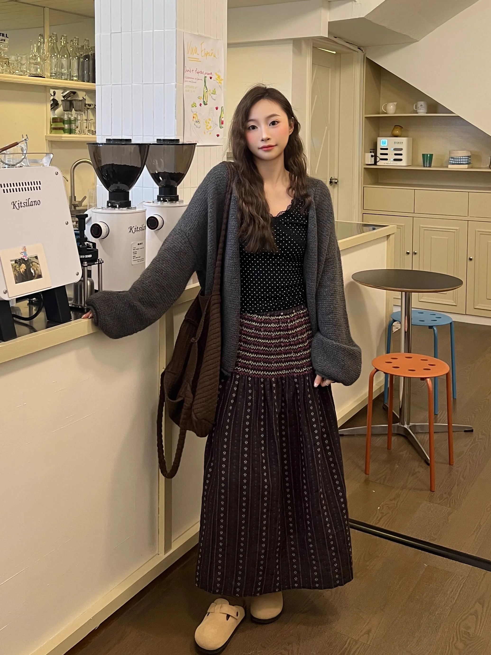 

MoodMore Brown Striped Floral f Skirt Women's Autumn Winter Faionable plus Size High Waist A-Line Long Skirt