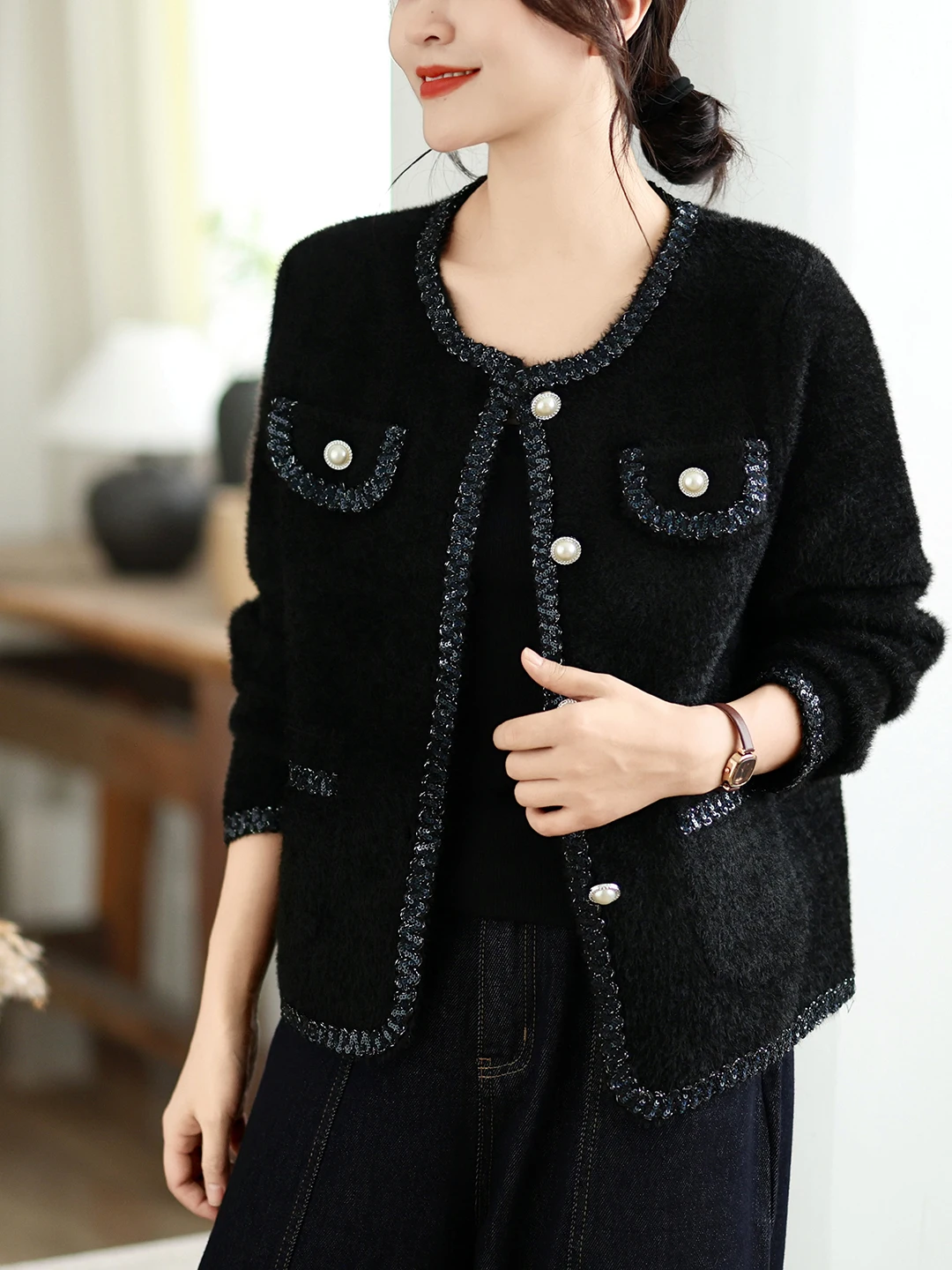 Soft Short Knitted Woolen Jacket Women's Fashion Luxury Style Mink Imitation Coat Spring Autumn Winter New Design Versatile Top