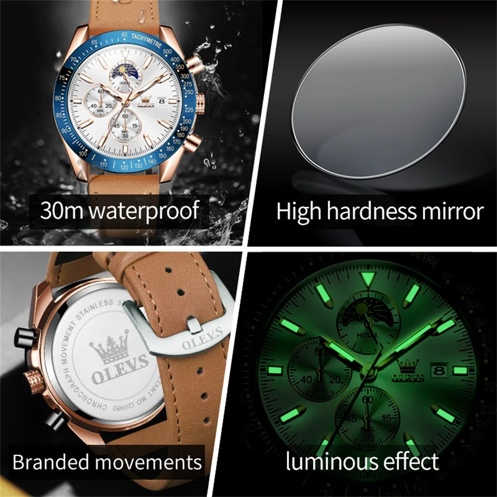 OLEVS Brand Watch Multifunctional Waterproof Quartz Watch for Men 9980