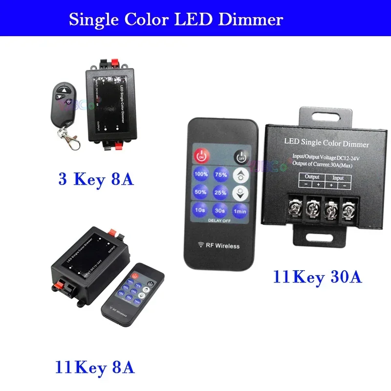 12V 24V DC Single Color LED Strip Dimmer monochrome Light Tape Controller 3Keys or 11Keys wireless Remote 8A 30A Dimming Switch