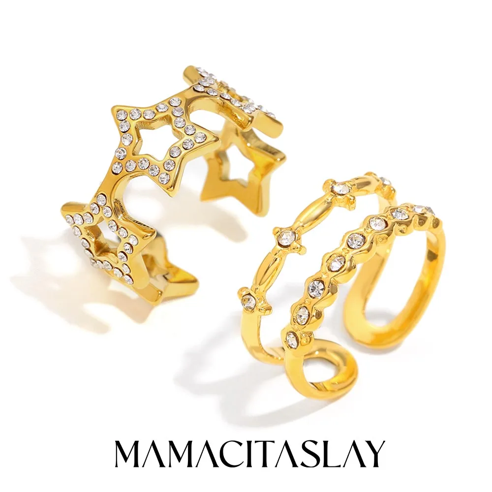 MamacitaSlay Eleganter hohler Stern-Öffnungsring aus 316L-Edelstahl, wasserdicht, 18 Karat vergoldet, Schmuck, Damen-Statement-Ring