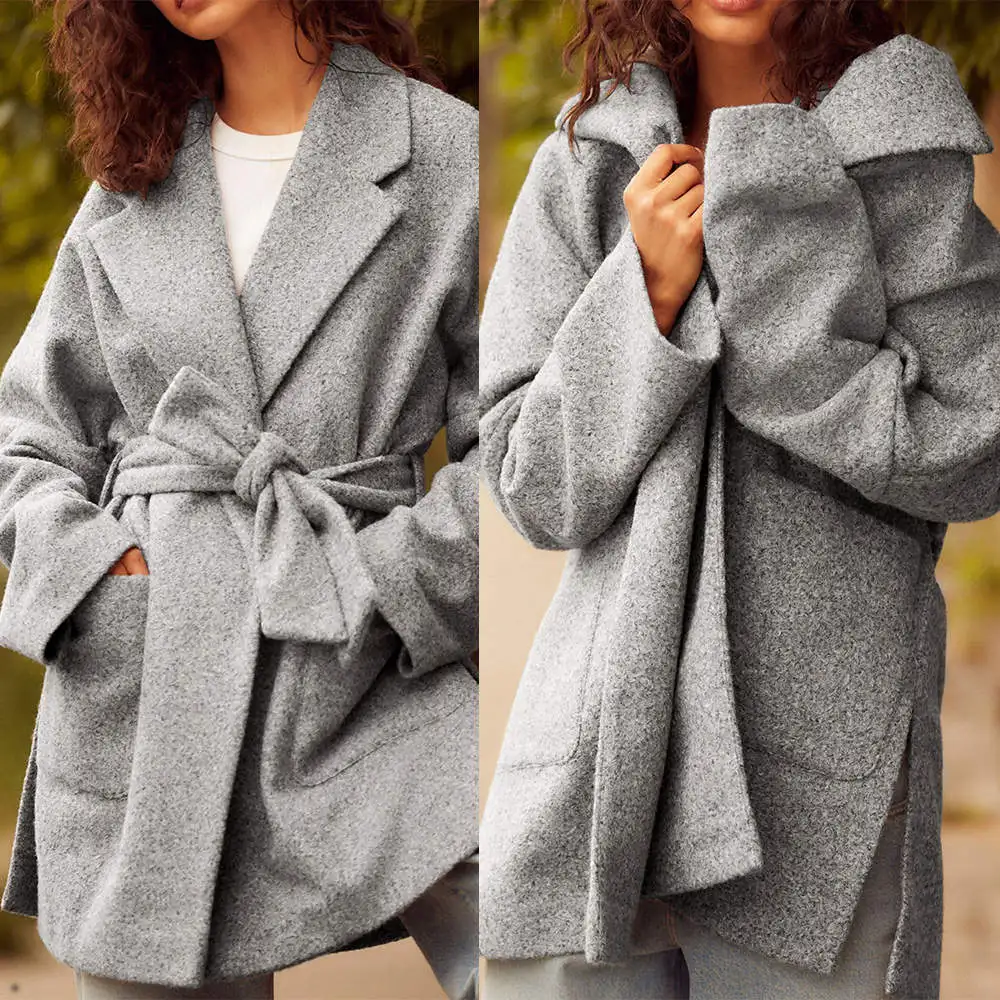 

Autumn Winter Thickened Women Coat Notched Lapel With Belt Windproof Overcoat Office Ladies Work Wear Customized