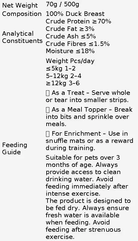 Waita Air Dried Duck Fillet 70g/500g - Cat Dog Pet Healthy Treats High Protein Low Fat Training Reward Meal Topping