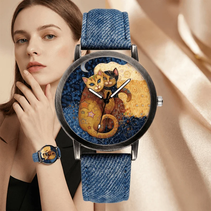 

New Women's Watch Fashion Lady Creative Beautiful Cat Wrist Watches Simple Retro Denim Strap Woman Quartz Clock Gift Reloj Mujer