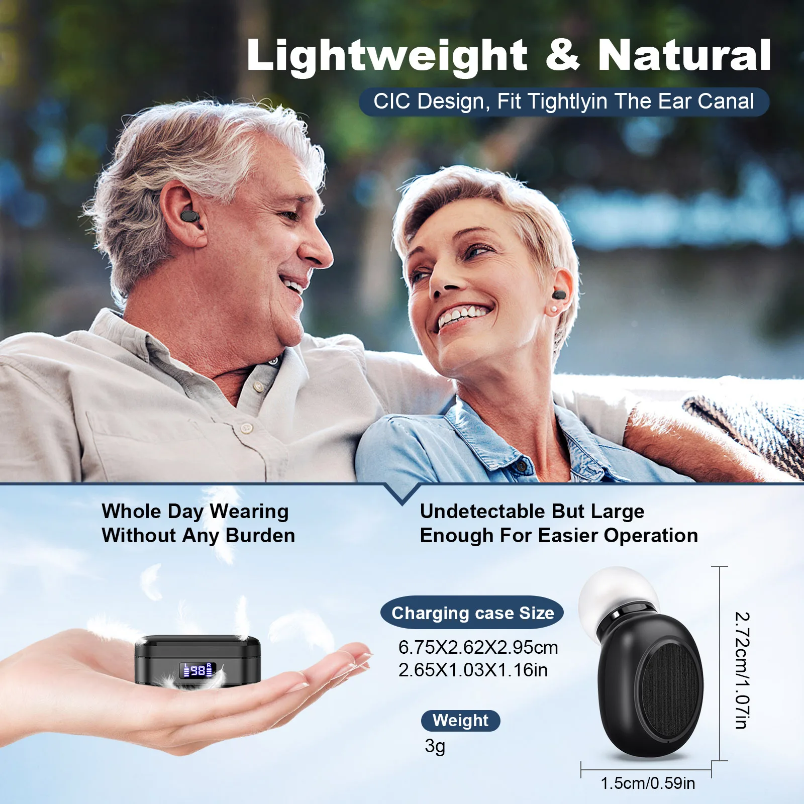 CIC Rechargeable hearing aid, hearing loss for the elderly, digital display, adjustable sound amplifier, portable charging case