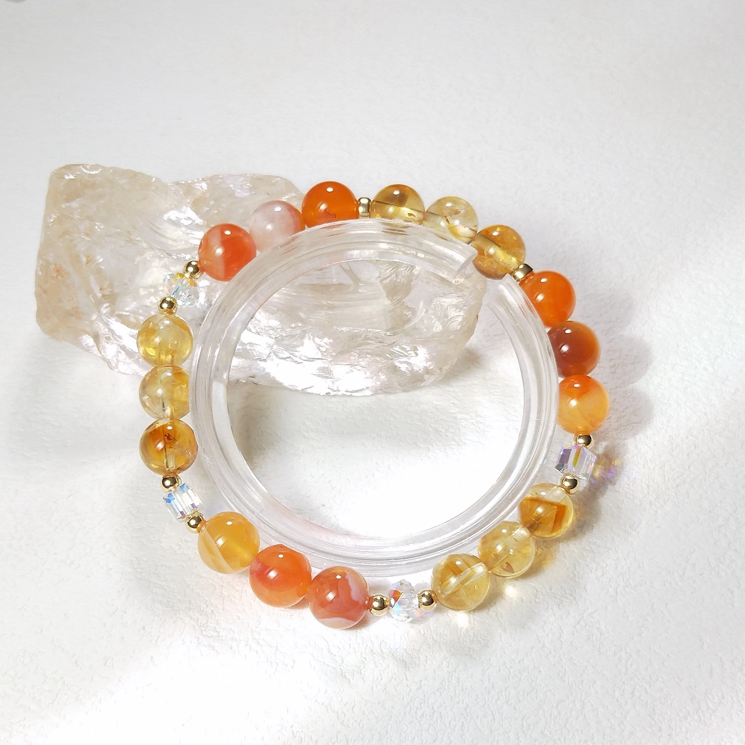 

Lii Ji Natural Stone Citrine Carnelian 6/8mm With Crystal American 14K Gold Filled Elastic Bracelet