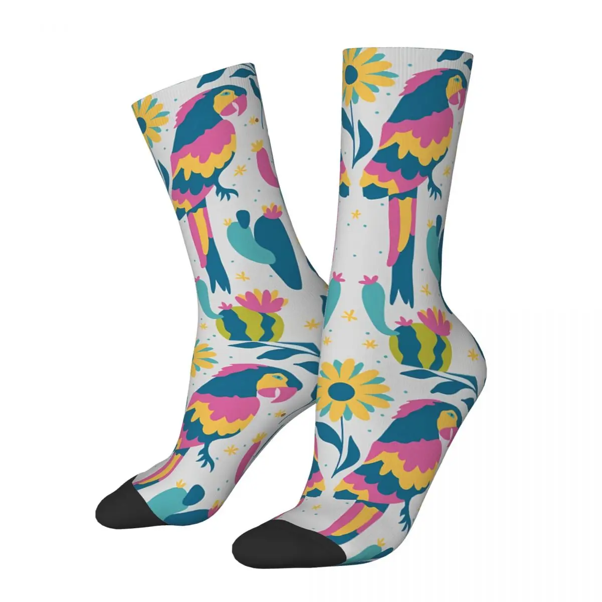 

Retro Cactus And Flower Men's Socks Parrot Pet Bird Unisex Novelty Pattern Printed Happy Crew Sock Gift