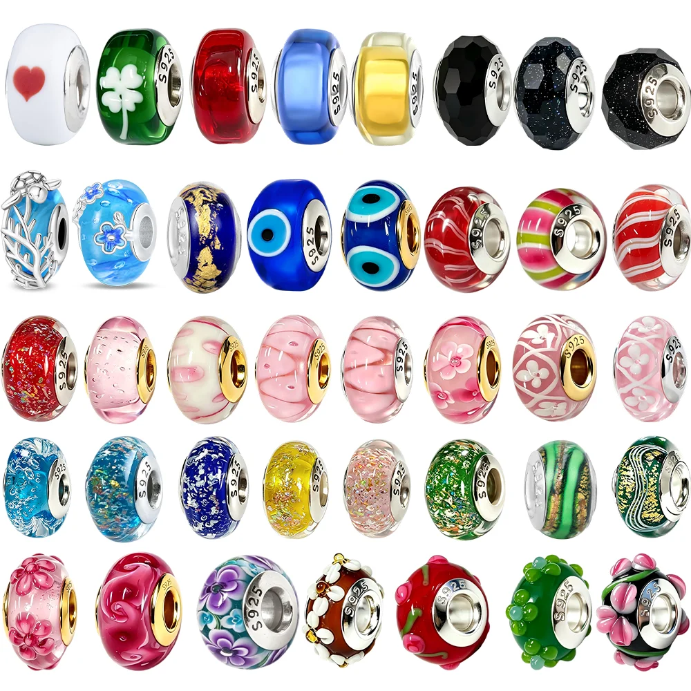 Original S925 Silver Gold Plated Evil Eye Pink Floral Flower Murano Glass Charm Bead Fit Bracelet Diy Women Jewelry Gift