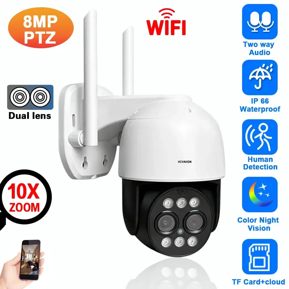 

Wifi PTZ IP Security Camera Auto Tracking 8MP 4K Dual Lens 10x Digital Zoom 4MP 2K Outdoor Home CCTV Video Surveillance Camara