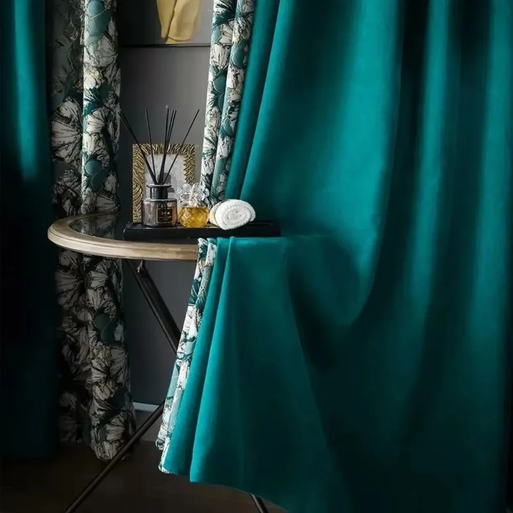 

Custom American Retro Jacquard Green Ginkgo Stitching Blackout Curtains for Living Dining Room Bedroom Thermal Insulated Drapes