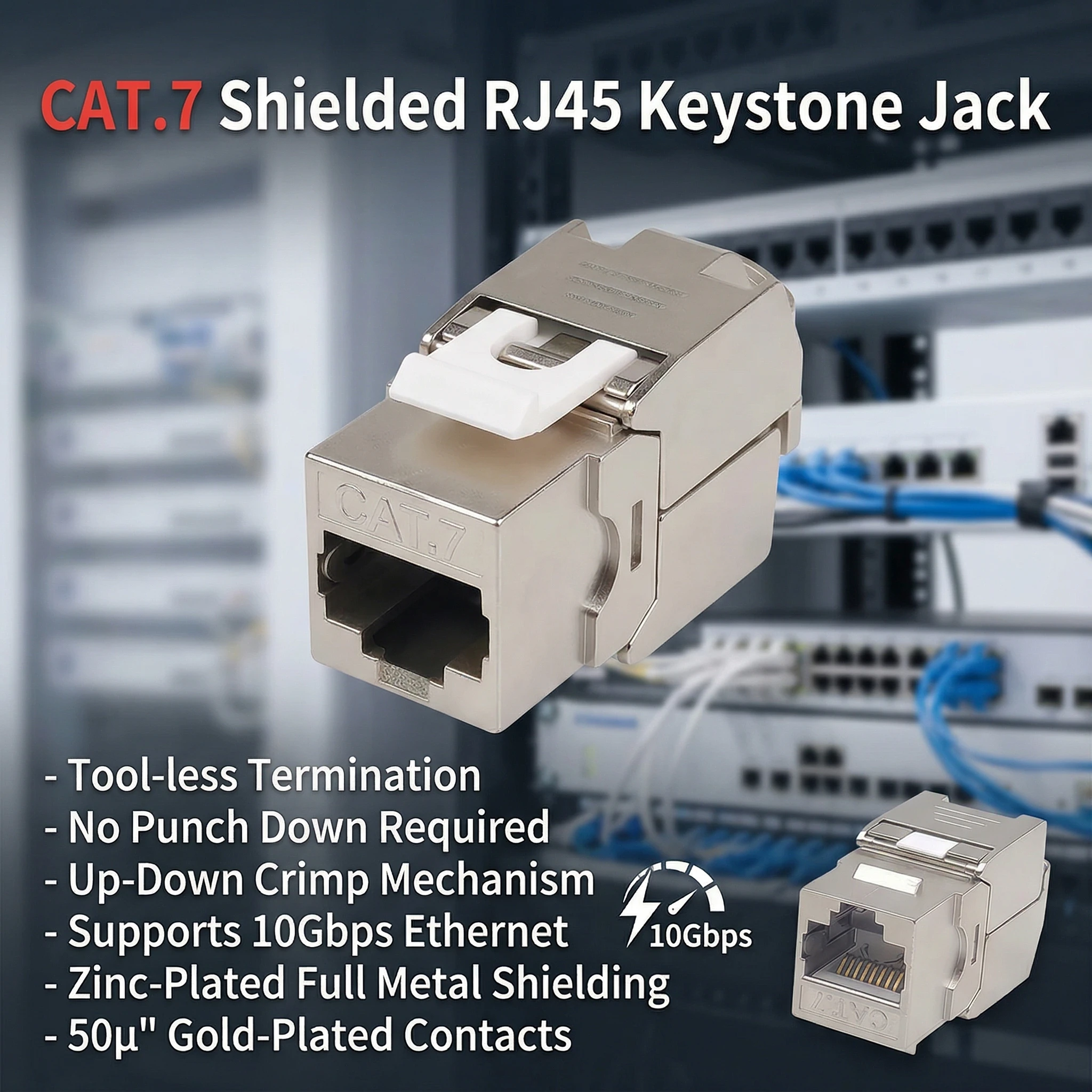 10Pcs CAT.7 Shielded RJ45 Keystone Jack Tool-less No Punch Down Up-Down Crimp 10Gbps Ethernet Network Data Module