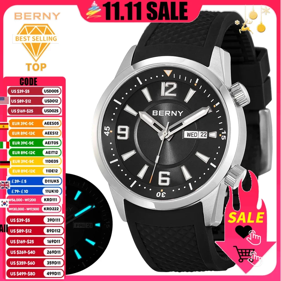 

BERNY MIYOTA 8205 Mens Watch Mechanical Wristwatch Male Stainless Steel Waterproof 20ATM Luxury Automatic Watch For Men