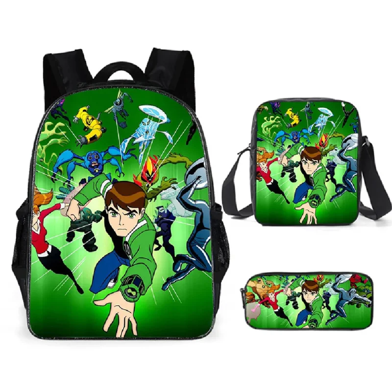 Mochila escolar Ben Cartoon Anime, bolsa de poliéster de três peças, resistente ao desgaste, bolsa de estudante, adolescentes, crianças, 10