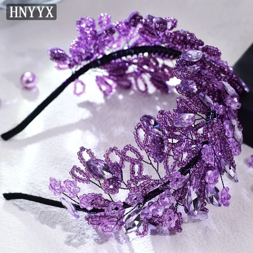 HNYYX Crystal Beaded Leaves For Women Headband Handmade Retro Rhinestone Head Hoop Girls Bridal Wedding A165 Purple