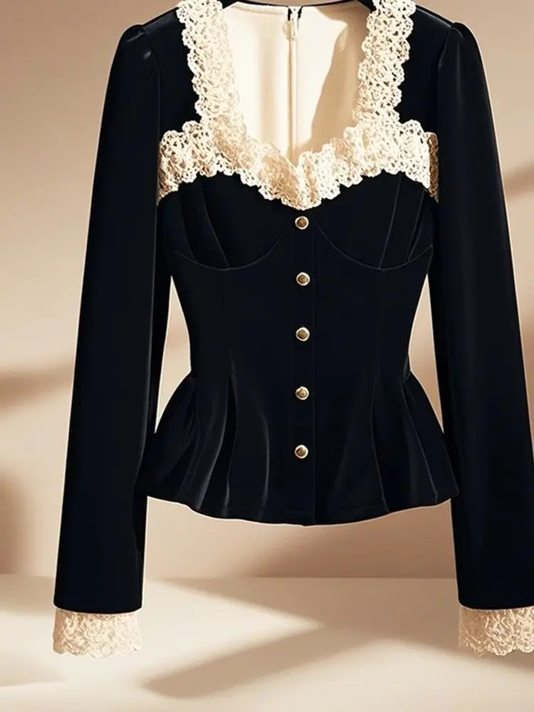 قميص نسائي كلاسيكي فاخر بأكمام طويلة من الدانتيل من المخمل قميص نسائي أنيق مزين بالترتر قميص نسائي للحفلات المكتبية 2024 كوري جديد