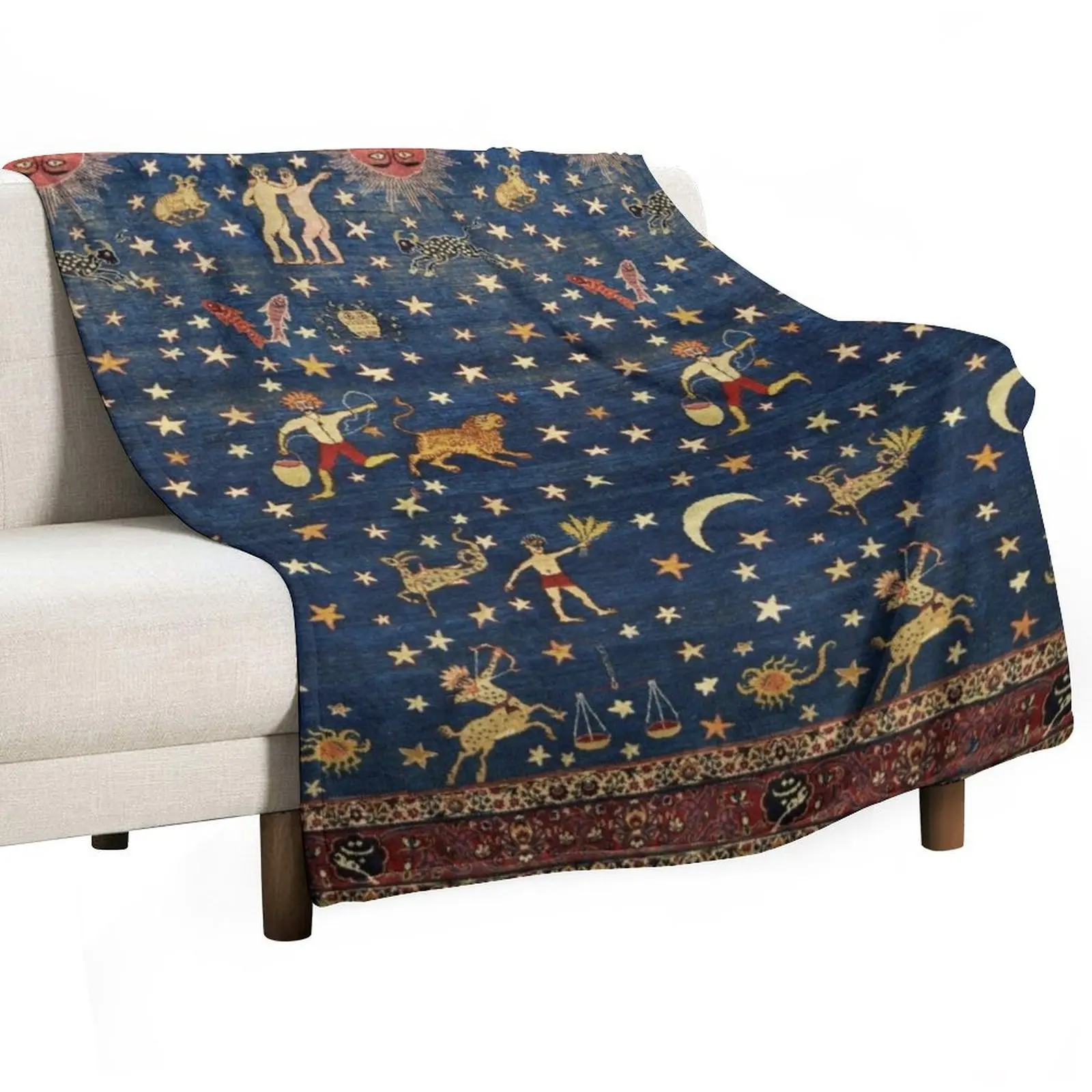 

ANTIQUE PERSIAN CARPET WITH ZODIACAL SIGNS,STARS IN BLUE SKY Throw Blanket Giant Sofa funny gift Blankets