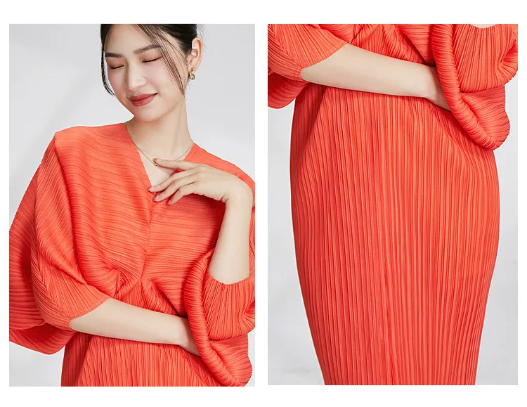 Miyake Plissiertes Kleid mit Fledermausärmeln 2025 Sommer Neu Senior Sense V-Ausschnitt Locker Dünner Eleganter Vielseitiger Rock – Detail 5