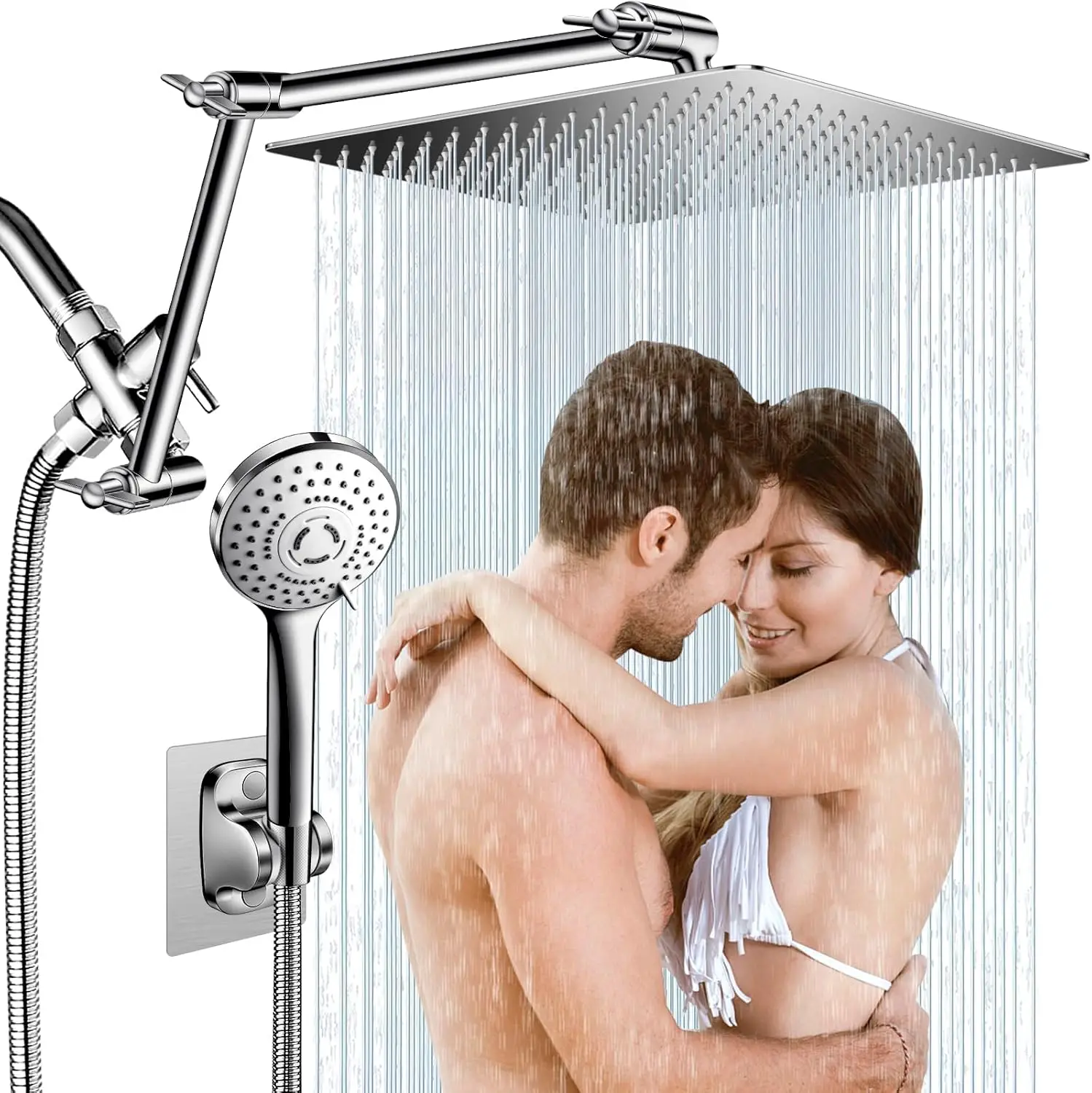 

12'' Rain Shower Head Combo with High Pressure, Adjustable Arm and 5-Spray Handheld, Chrome Finish
