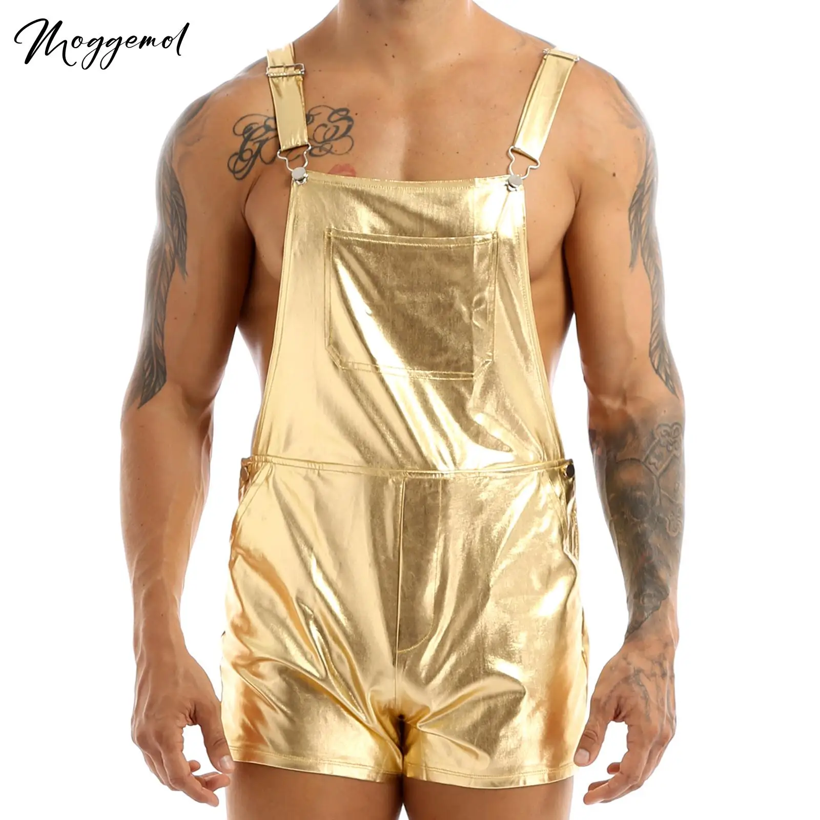 男性用の光沢のあるメタリックビブオーバーオール,ダンガリー,ショルダーストラップ,ショーツ,ジャンプスーツ,パーティーコスチューム,フェスティバル,ディスコウェア