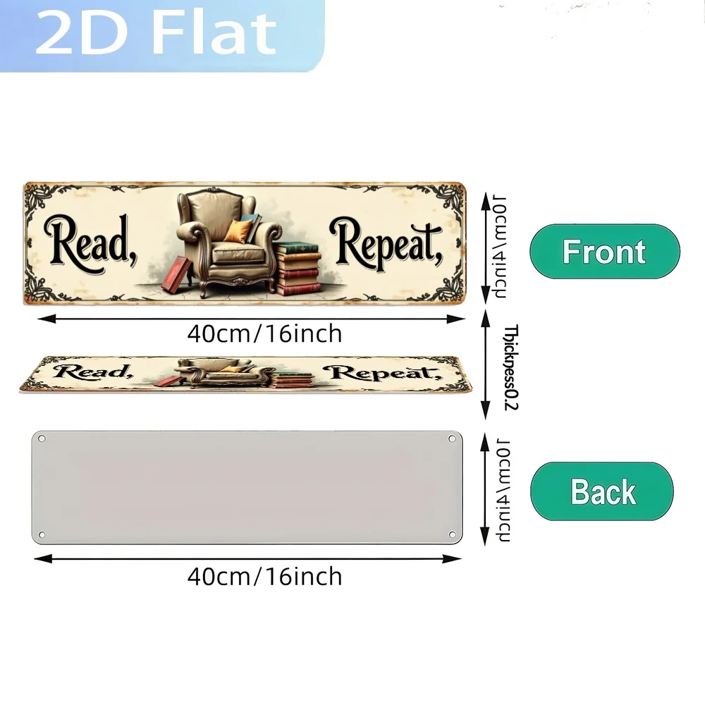 Placa de Metal 2D Plana 'Ler, Repetir, Cadeira, Livros.' em Estilo Vintage de Fazenda, Perfeita para Decoração de Parede