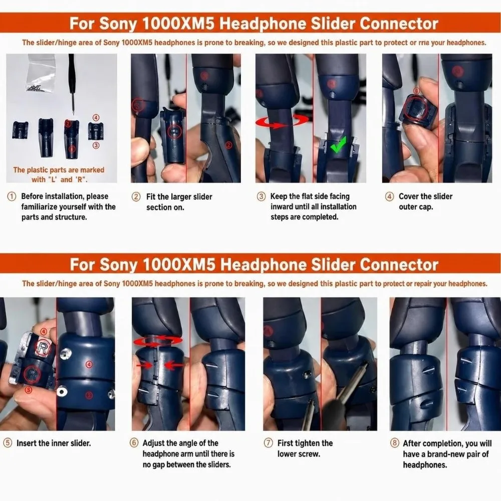 Kit de reparación de bisagras de auriculares de plástico con herramienta de desmontaje, conector de brazo y pieza de repuesto para brazo de auriculares para Sony WH 1000XM5