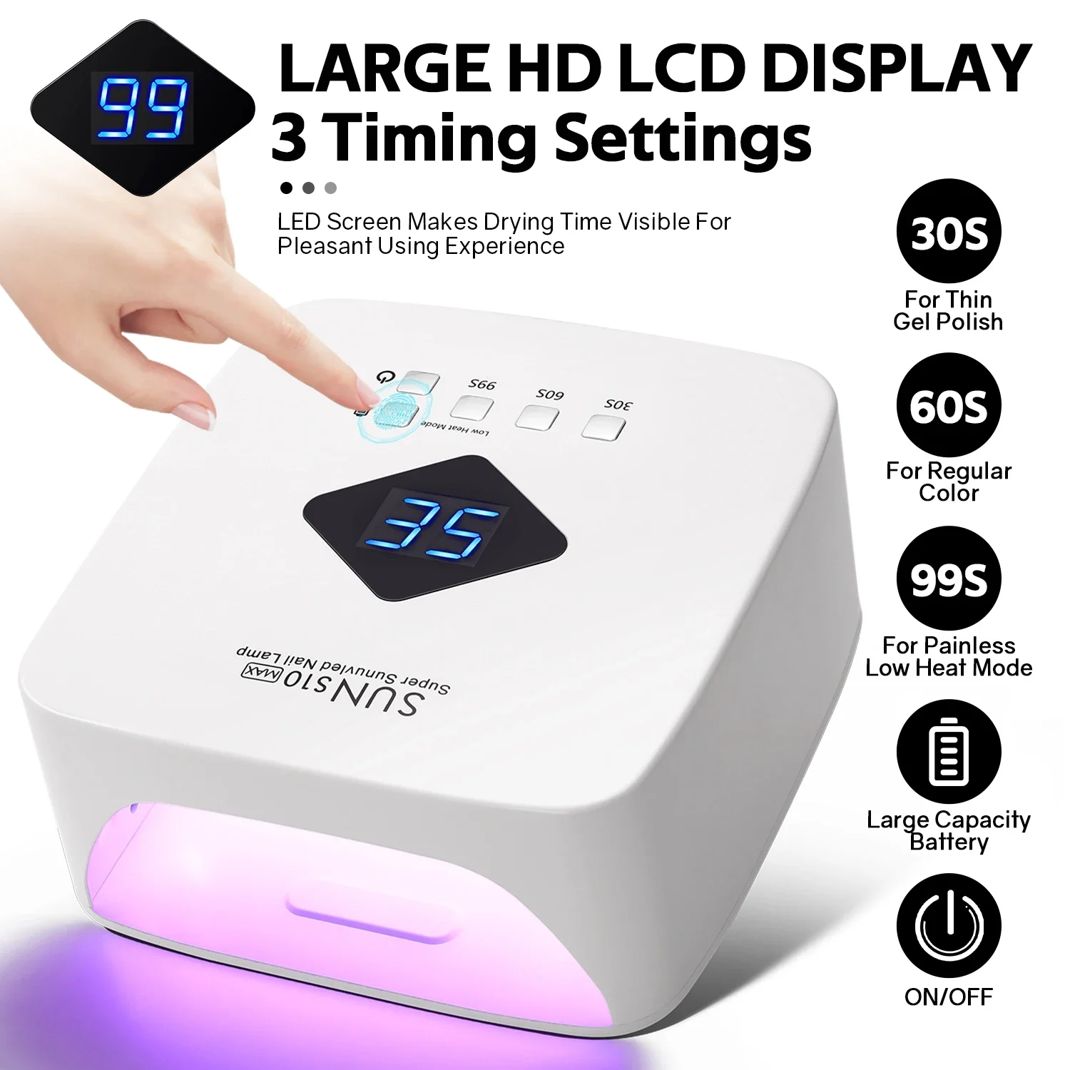 120W UV LED Nail Lamp Cordless 30 LEDs Nail Dryer with 3 Timer Settings Rechargeable Manicure Lamp for Curing All Nails Gel