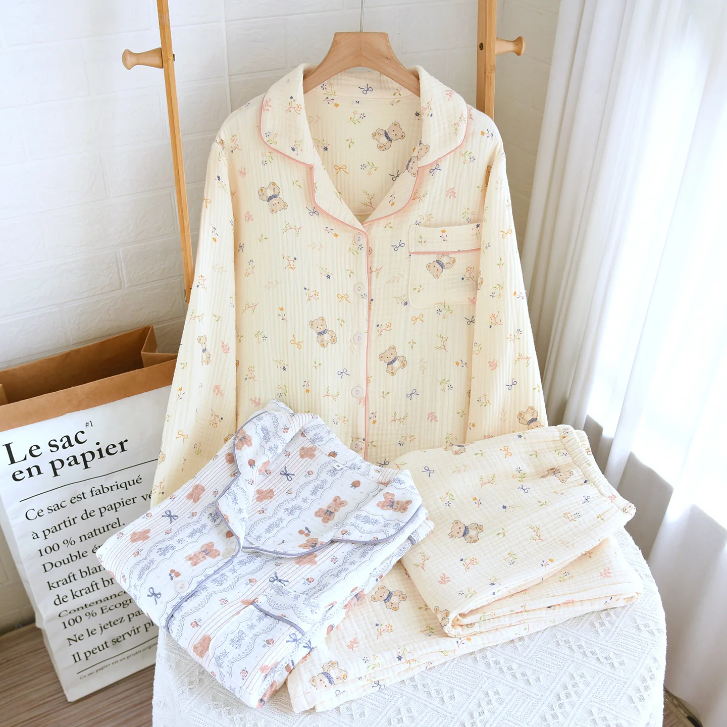 

Thickened four gauze wrinkly cotton Sweet bear pajamas sets women sleepwear pure cotton long-sleeve elegant pyjamas