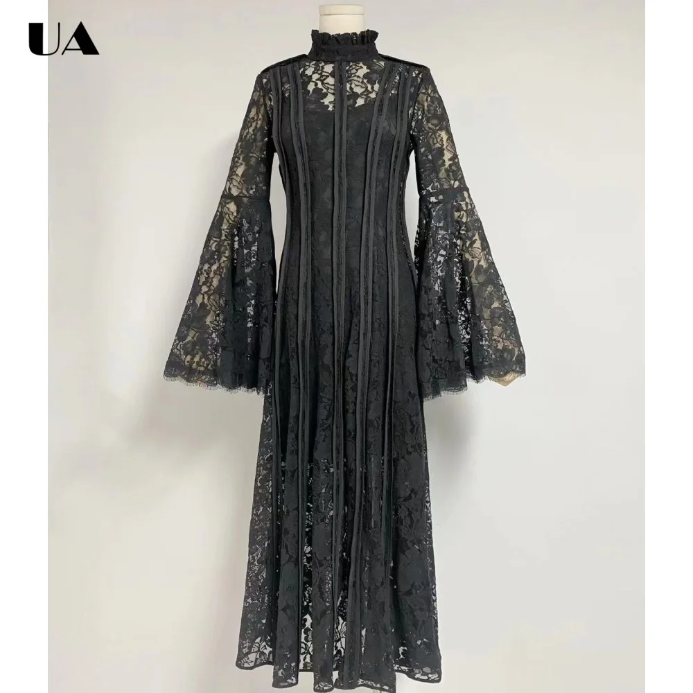 Vintage Lace Turtleneck Hollow Out Prom Dresses for Women Elegant Flare Sleeve Long Dress Fashionable Waist-cinching Party Dress