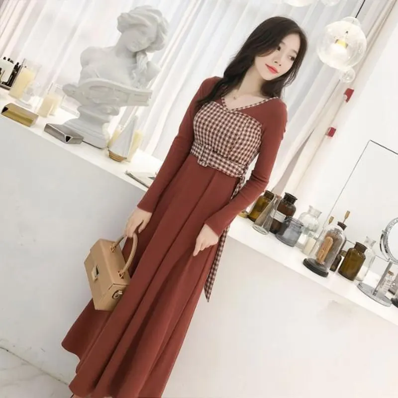 Patchwork V Neck Long Sleeve Fake Two Pieces Dresses Elegant Fashion Harajuku Female Clothes Loose Casual Sweat All Match Skirt