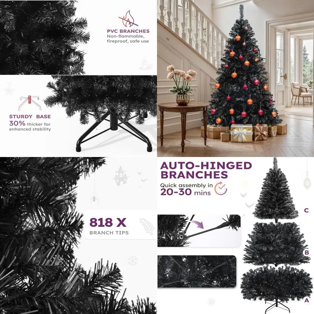 

6-Foot Tall Black Hinged Artificial Christmas Tree with 818 Tips for Home and Office Decor