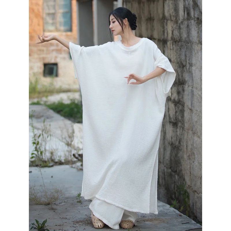 2024 Summer Half Batwing Sleeve Cotton Linen Long Dresses New Women O-Neck Pullover Solid Color Dresses