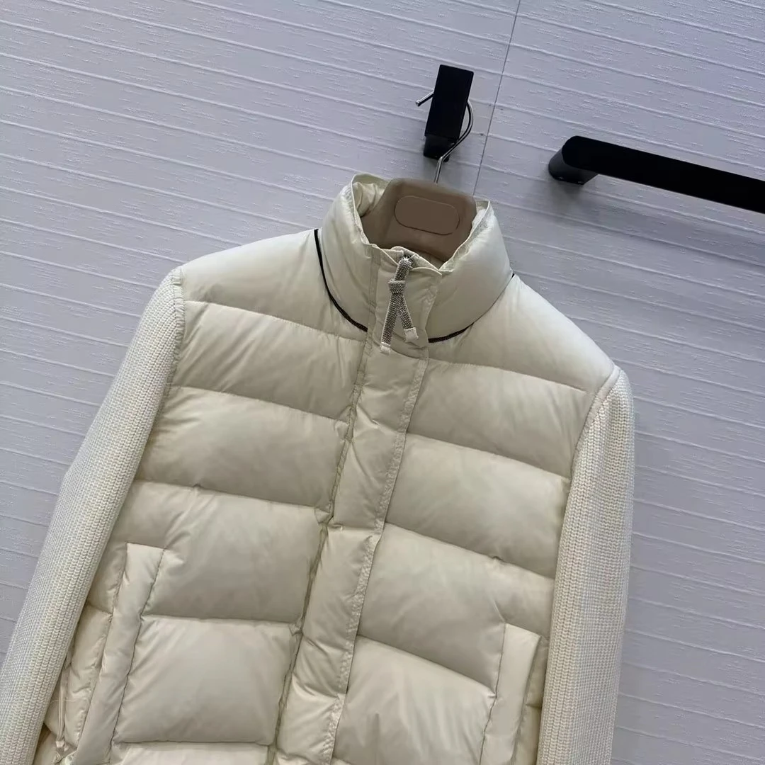 Old Money Style Vintage White Duck Down Coat Women Turtleneck Knit Long Sleeve Patchwork Drawstring Waist Design Casual Jacket