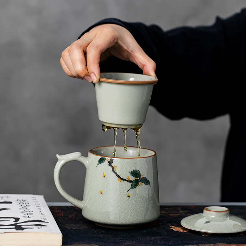 

Chinese Style Ceramic Osmanthus Patternt Mug, Home Personal Office Creative Teacup With Cover Filtered Tea Water Separation, 1Pc